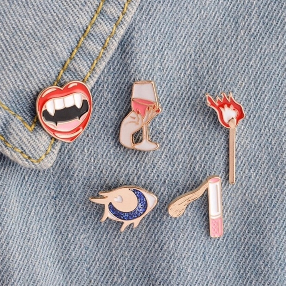 5 Piece Vampire Red Lips Wine Glass Enamel Pin Set